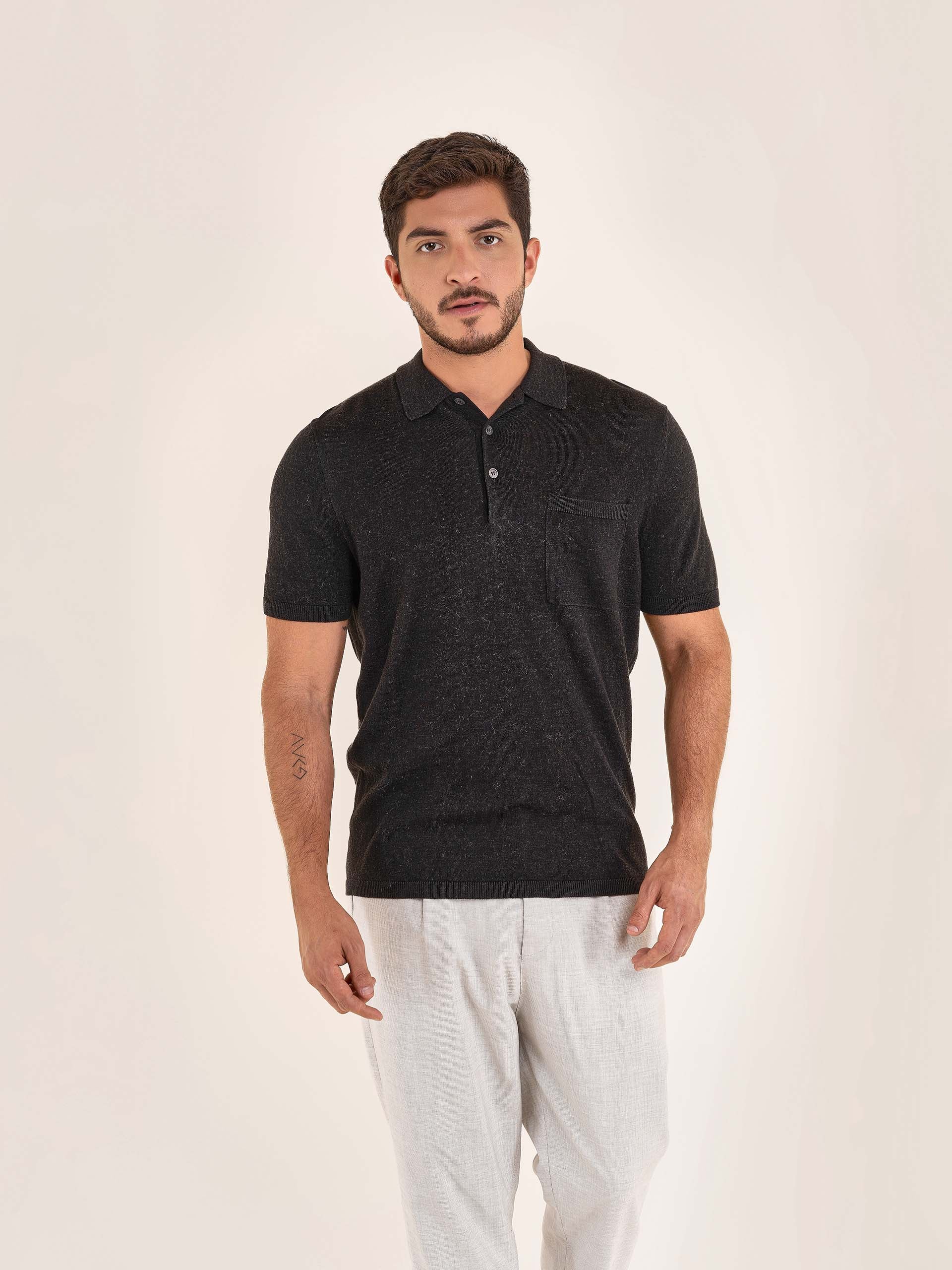 Hombre Camisero Negro Cuello Camisero Polo Manga Larga Negro
